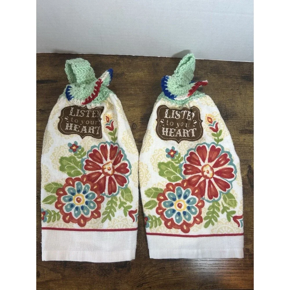 Set (2) Listen To Your Heart Floral Hanging Kitchen Towels Crochet Top Boho Home